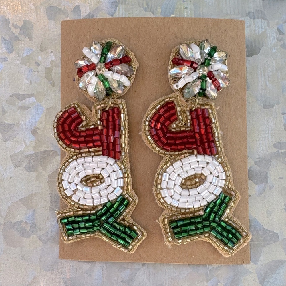 NEW hand beaded Christmas JOY earrings